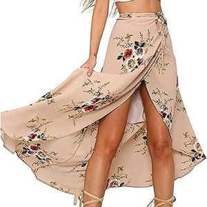 Women Boho Print High Waist Side Wrap Bohemian Asymmetric Maxi Skirt One Size